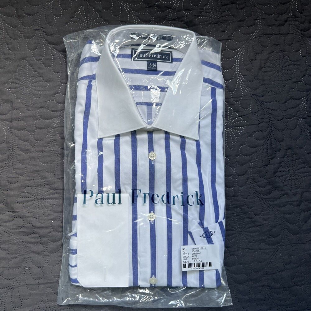 Paul Fredrick Finest Long Staple Cotton Stripe Navy Shirt Monogrammed EDE 16-34